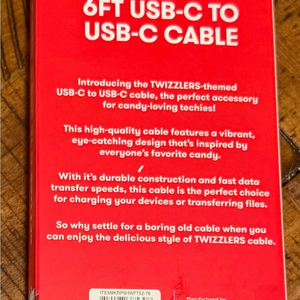 Twizzler branded 6-foot USB-C to USB-C charging cable.
